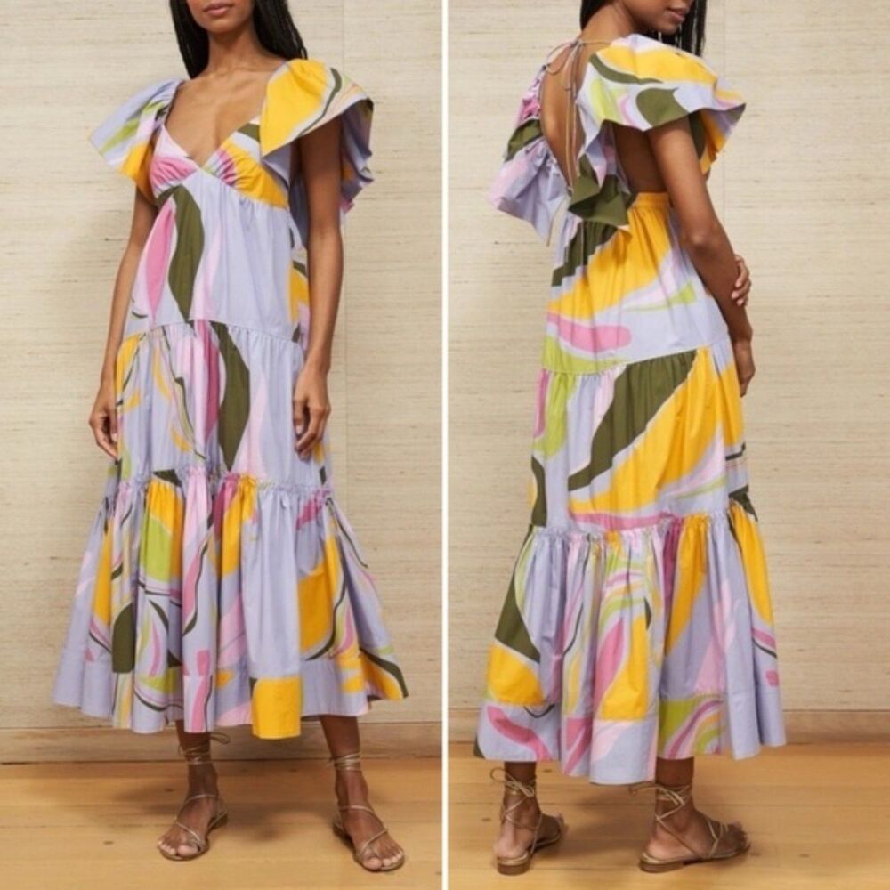 NWT La Ligne Stella Tiered Ruffle Cotton Midi Dress Lavender Swirl Size Medium